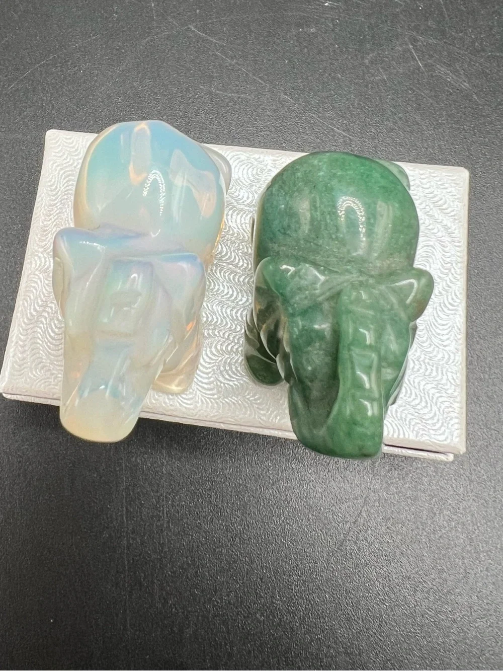Lot of 2 Carved Stone Elephant Figurines Opalite & Green Aventurine Crystal 1.5”